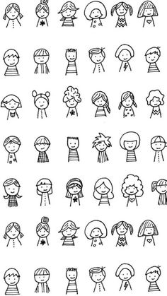 the different types of children's faces drawn in black and white ink on paper