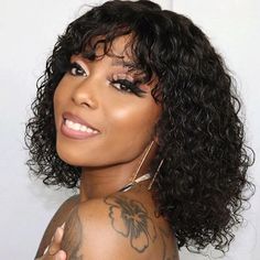 Brazilian Water Wave 100% Human Hair Wigs With Bangs None Lace Wig For Women 12&quot; 6455772323408  eBay Kręcony Bob, Brazil Hair, Human Hair Wigs With Bangs, Short Pixie Bob, Color Rubio, Natural Hair Extensions, Curly Bob Wigs, Brazilian Straight Hair, Short Human Hair Wigs