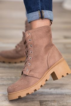 Product Details Colors: Mocha Print: Solid Heel: 2.25" Heel Other Details: Lace Up Boots Brand: Qupid Size and Fit True to Size Boot Brands, Lug Sole, Lace Up Boots, Mocha, Socks, Lace Up, Brand New, Boots, Heels