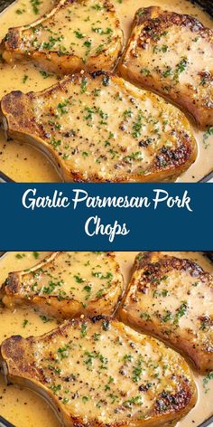 garlic parmesan pork chops in a skillet with yellow sauce and garnishes