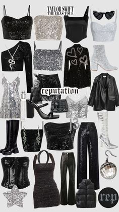 a bunch of different types of clothes and accessories in black, white, and silver