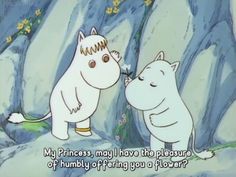 two white cats standing next to each other in front of a rock formation with the caption, my princess, may have the pleasure of humbly offering you a flower?