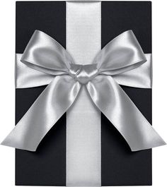 a black and white gift box with a silver bow