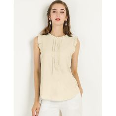 The ruffled sleeveless design would show demure, feminine grace, and also lend shape and texture. Crafted from a lightweight material, it is shaped with an elegant crew neckline, and pleat detailing, and comes in a relaxed cut for easy, breezy wear. This vintage blouse is designed with ruffled trim and solid color, especially for a professional look at work. Office Vintage, 1950s Retro, Eyelet Blouse, Ruffle Fabric, Work Blouses, Women's Blouses, Hem Style, Polka Dot Blouse, Professional Look