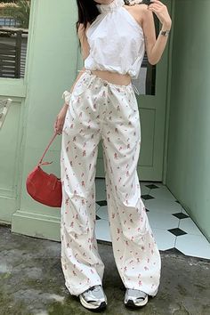 Loose Cute Floral Wide Leg Pants – Tomscloth Pants With Flowers, White Full Length Pants For Spring, Summer Full Length Cotton Pants, Full Length Summer Cotton Pants, Casual Full-length Bottoms For Summer, Casual Full Length Bottoms For Summer, Full Length Cotton Pants For Summer, Full-length Cotton Bottoms For Spring, Full Length Cotton Bottoms For Spring