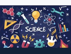 science icons are arranged in a circle on a blue background with stars and other objects