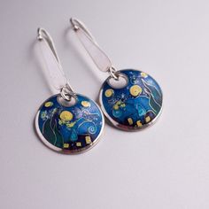 Sterling silver earrings with hot cloisonne enamel. Handmade work. The earrings based on the painting by Van Gogh "Starlight Night". GEORGIAN CLOISONNE ENAMEL MINANQARI Workshop of silver jewelry with a soul. Masters create works in the technique of hot cloisonne enamel.  Our workshop has been working for 5 years to create exclusive handmade jewelry. Here you can buy silver rings, earrings, pendants, made by best masters of sunny Georgia. This technology is already 1200 years old, and today our Artistic Enamel Drop Earrings, Artistic Design Enamel Drop Earrings, Artistic Enamel Earrings With Artistic Design, Artistic Design Enamel Earrings, Artistic Enamel Jewelry With Matching Earrings, Artistic Enamel Jewelry With Earrings, Artistic Enamel Earrings Nickel-free, Hand Painted Sterling Silver Dangle Jewelry, Artistic Blue Sterling Silver Earrings