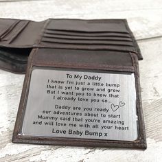 To My Daddy Love Bump, Gift for Dad to be, Message from Baby Bump, Engraved Wallet Insert Card, Daddy to Be Gift  Love sentimental gift for Daddy to be Great little message from Baby Bump to Daddy Wallet Insert measures: 84mm x 54mm / depth: 1.8mm Engraved wallet insert card Gifts For The Dad To Be, Engraved Wallet Insert, Wallet Insert Card, Dad To Be, Wallet Insert, Engraved Wallet, Cool Fathers Day Gifts, 70th Birthday Gifts, Christmas Gifts For Boyfriend