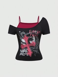 Plus Size Women's Simple Printed Open Shoulder Short Sleeve T-Shirt Black   Short Sleeve Knitted Fabric   Medium Stretch  Women Plus Clothing, size features are:Bust: ,Length: ,Sleeve Length: Rhinestone Shirts Y2k, Scene Crop Top, Goth Shirt Design, Fitted Graphic Tee, Scene Shirts, Pink And Black Shirt, Scene Clothing, Emo Shirt