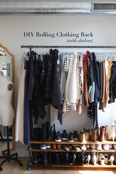 a rack with shoes and clothing hanging on it