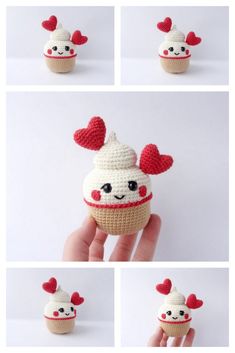 crocheted cupcakes with hearts on top are shown in four different ways