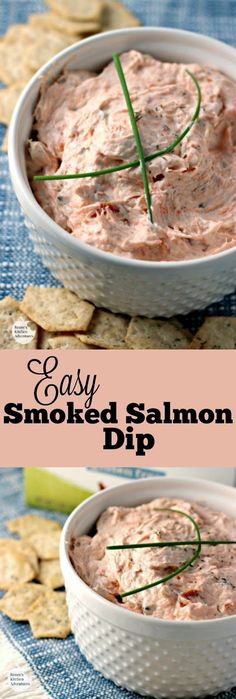 two bowls filled with smoked salmon dip next to crackers on a blue table cloth