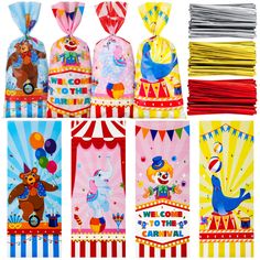 circus themed party supplies including napkins and candy bags