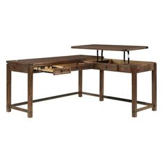 two wooden desks sitting next to each other on top of a white background,