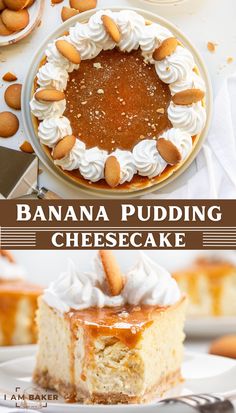 banana pudding cheesecake with whipped cream and almonds on the top is shown in two different pictures