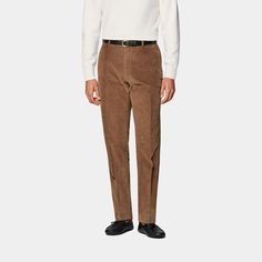 These mid-brown pants are tailored to a straight leg fit, providing a classic silhouette with comfortable wear. Featuring belt loops and a flat front for a versatile look suitable for various occasions. Tuxedo Shoes, Perfect White Shirt, Flannel Suit, Tuxedo Accessories, Custom Made Suits, Classic Trousers, Tuxedo Shirts, Brown Pants, Classic Suit