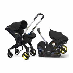 two baby strollers, one in blue and the other in grey with yellow wheels