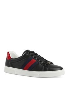 Gucci Men's Gucci Ace Leather Sneakers Luxury Black Sneakers With Embroidered Logo, Black Sneakers With Embroidered Logo, Designer Black Sneakers With Logo Plaque, Gucci Designer Formal Sneakers, Gucci Designer Sneakers For Formal Occasions, Black Luxury Gucci Sneakers, Luxury Black Gucci Sneakers, Gucci Ace Sneakers, Leather Sneakers Men