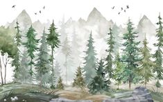 watercolor painting of trees and mountains in the background