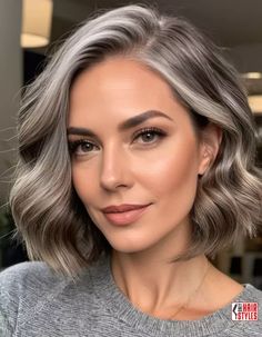 Elegant Slate: Discover the Beauty of Grey Hair Gracefully Gray Hair, Blond Highlights On Greying Hair, Dark Hair With Natural Gray, Gray Hair Tan Skin, Dark Blonde To Grey Transition, Brown Hair With Gray Blending, Transition From Brunette To Gray Hair, Grey Highlighted Hair, Grey With Brown Hair