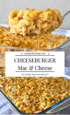 cheeseburger macaroni and cheese is being scooped from a casserole dish