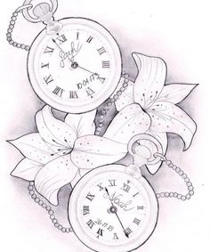 a drawing of an alarm clock with flowers and pearls on it's sides,