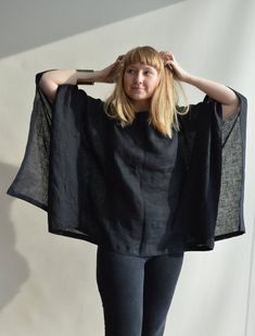 "Fantastic, airy poncho top made from 100% pure European linen. Wear this kimono inspired top as a classy addition to your formal wardrobe, or as a comfortable coverup for the leisurely day on the beach. Wear over a top or tee and you'll have a great boho look. Each piece is individually cut, sawn and pre-washed. We really love making garments for various sizes - from petit to plus size and more. For the best fitting of this top please let us know the following measurements: - your height - your Boho Poncho, Linen Kimono, Womens Poncho, Linen Top Women, Poncho Top, Simple Wardrobe, Ladies Poncho, Poncho Tops, Boho Top