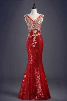 Party Gown Dress, Crystal Dress, Fancy Gowns, Evening Dresses Online, Girls Formal Dresses, Dress Sleeve Styles, Red Sequin, Prom Dresses With Sleeves, Evening Gowns Formal