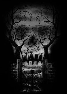 a black and white image of a skull with cemetery gates in the background at night