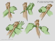 four different poses of hands holding bamboo sticks and pointing them at the same person's hand