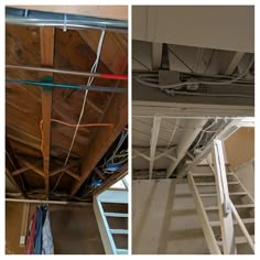 two pictures of the inside of a building with exposed wires and ladders hanging from the ceiling