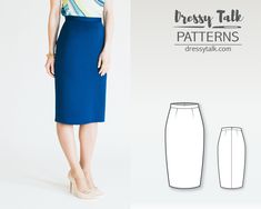 a woman in a pencil skirt and heels standing next to an image of the dress pattern