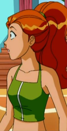 an animated image of a woman with red hair wearing a green top and looking off to the side