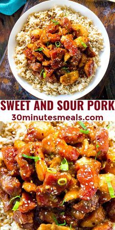 sweet and sour pork is served over rice