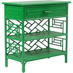 a green side table with drawers and shelves