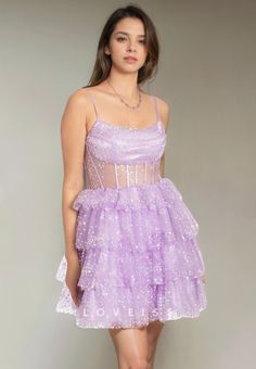 This A-line scoop tulle dress features tiered layers and a flattering silhouette, making it a perfect choice for homecoming or graduation. The lightweight tulle material adds a touch of elegance, while the short length keeps it fun and youthful. Dress to impress with this cute and stylish option. Tiered Tulle Skirt, Homecoming Formal Dresses, Mother Wedding Dress, Country Dresses, Glitter Party, Short Homecoming Dress, Formal Dresses For Weddings, Backless Design, Lilac Dress