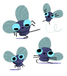 four different images of a blue fly with big eyes and two small wings, one is flying