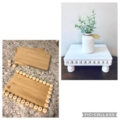 two pictures one is white and the other has wood beads on it with flowers in a vase