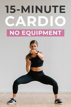 a woman doing yoga poses with the words 15 - minute cardio no equipment