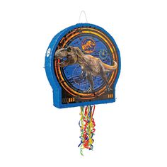 a blue clock with an image of a dinosaur on it's face and streamers around the clock