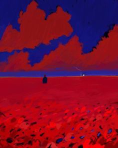 an abstract painting of a red field with a boat in the distance under a cloudy blue sky