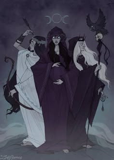 three women dressed as witches standing next to each other in front of a dark sky