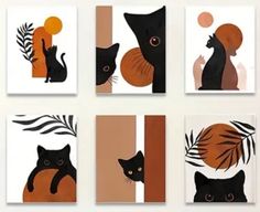 six black cats with oranges and leaves on them are featured in this set of four art prints