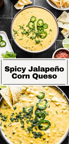 two bowls of spicy jalapeno corn quesadilla soup with tortilla chips on the side