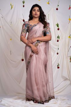 Sand rose pink saree with kalamkari, floral pattern border and placement resham, cutdana beads work. Comes along with an unstitched blouse piece. - Aza Fashions Festive Tissue Silk Saree With Kalamkari Print, Festive Kalamkari Print Tissue Silk Saree, Cotton Silk Saree With Kalamkari Print For Wedding, Wedding Chanderi Pre-draped Saree With Kalamkari Print, Elegant Kalamkari Print Blouse Piece For Wedding, Elegant Blouse Piece With Kalamkari Print For Wedding, Bollywood Kalamkari Print Blouse For Eid, Bollywood Style Kalamkari Blouse For Eid, Elegant Wedding Blouse Piece With Kalamkari Print