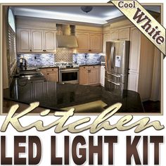 a kitchen with white cabinets and black counter tops is featured in an advertisement for the kitchen led light kit