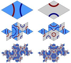 four different types of origami are shown in blue, red and white colors