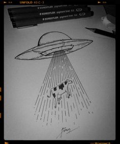 a drawing of an alien flying over a cow in the sky with a light coming from it's head