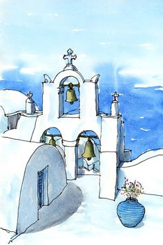 a drawing of a church with bells in the snow