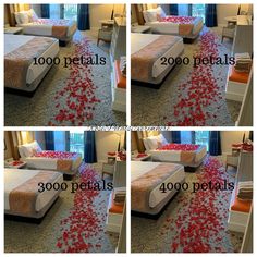 four pictures show the process of decorating a hotel room with petals on the floor